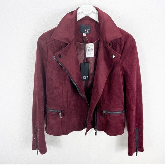 KUT Eveline Vegan Suede Moto Jacket Raisin Maroon Zip XS NWT - Picture 2 of 8